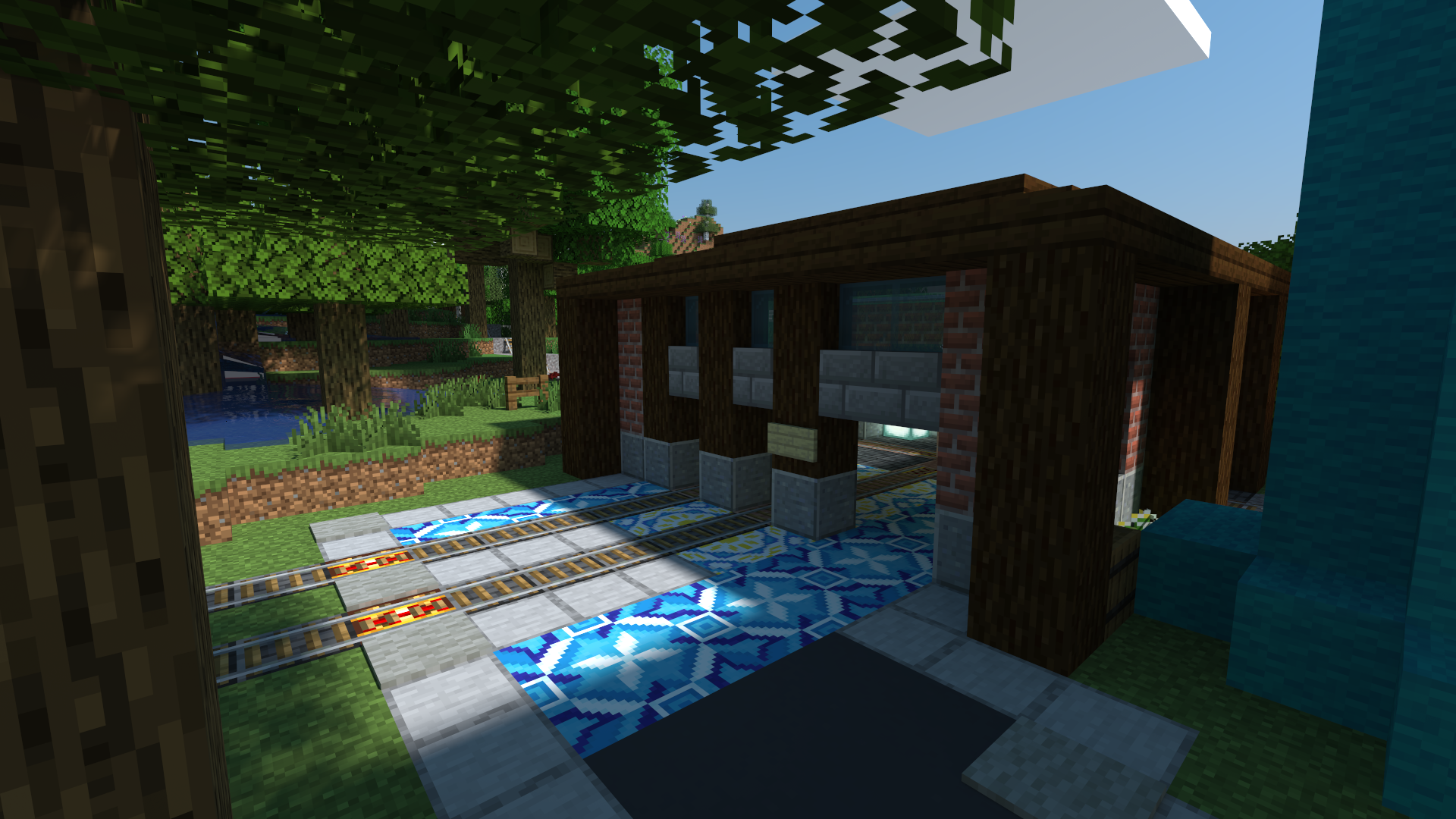 The East Spawn City Railroad Station on Iron Rail Road. The NW foot of the Dinosaur Hotel can be seen just beside the station.